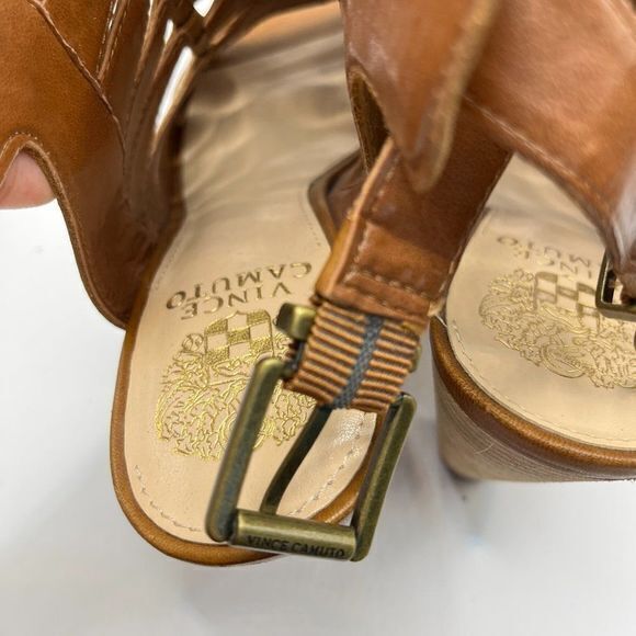 Vince Camuto Elika Brown Leather Buckle Stacked Heel Gladiator Sandal Size 8.5M - Picture 5 of 8